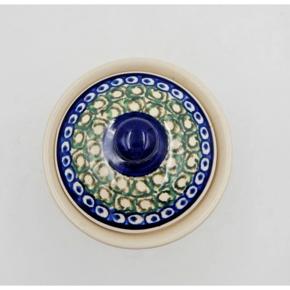 Bolesławiec Polish Pottery Small Canister Jar 5 Inch Green Blue Bullseye